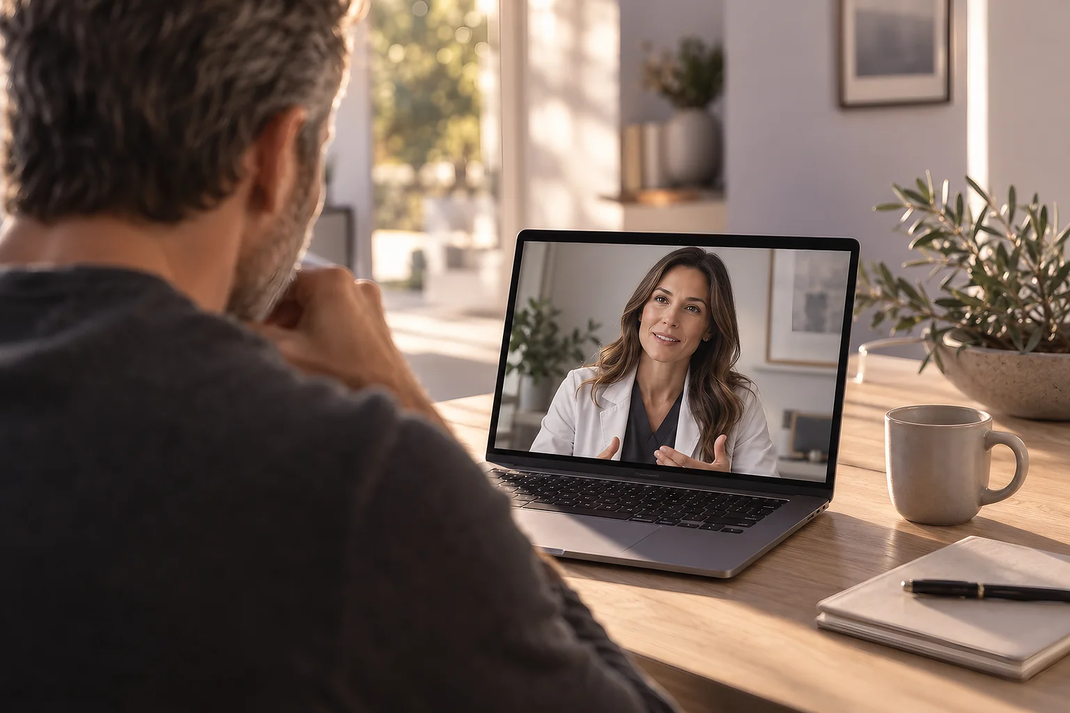 A man on a video visit with his clinician at his kitchen table