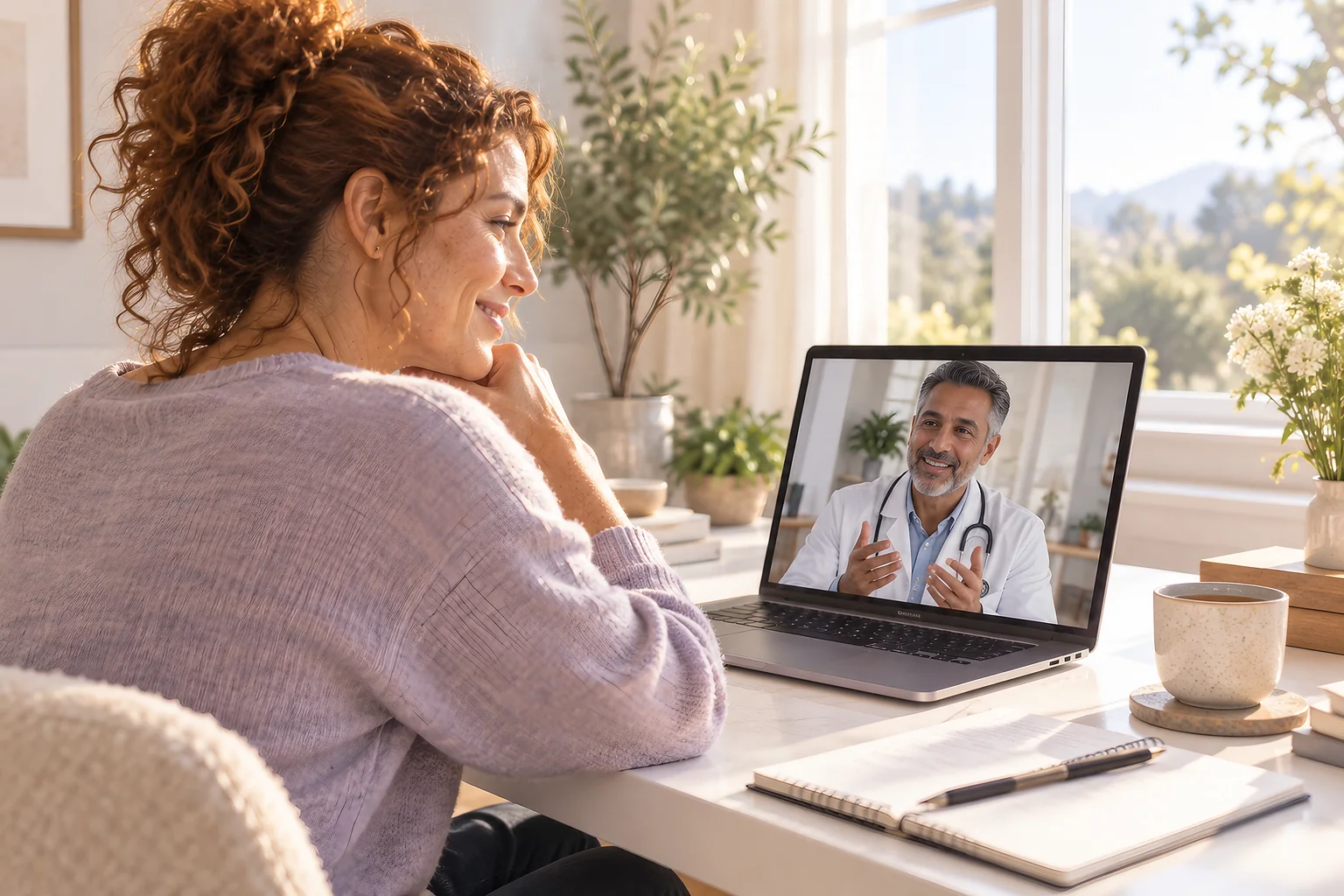 A woman on a video visit with her clinician at a bright desk