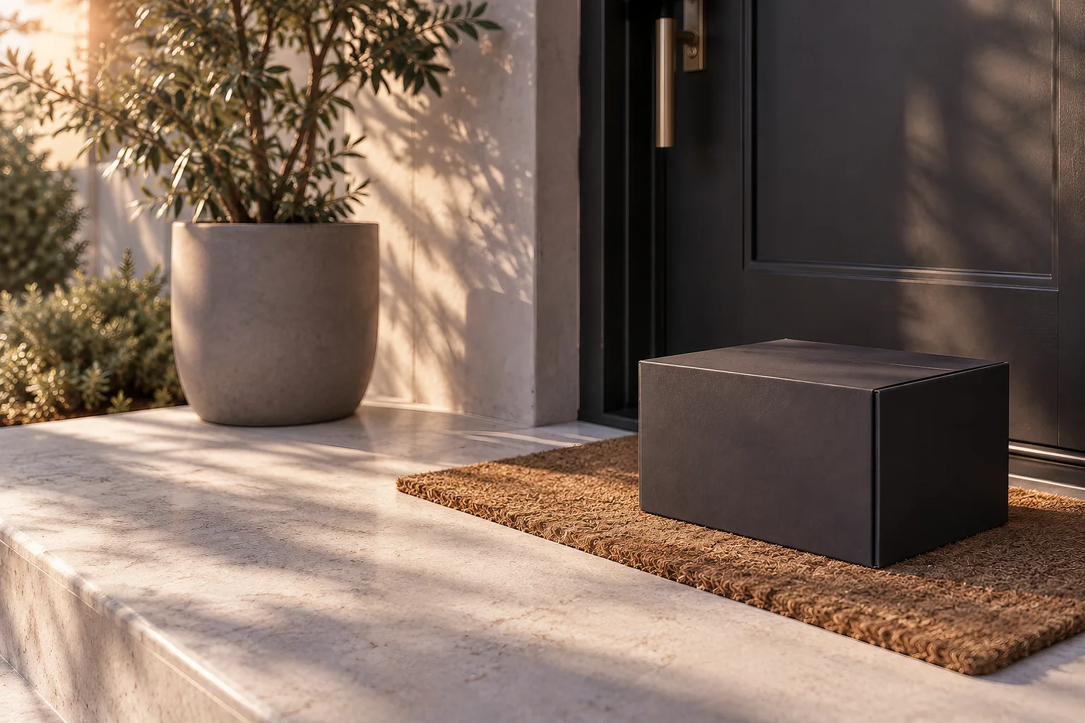 A plain charcoal box with no branding on a doormat outside a front door