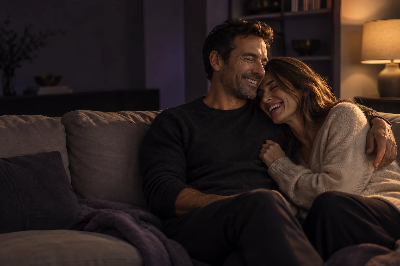 Two partners laughing together on a sofa in warm evening light