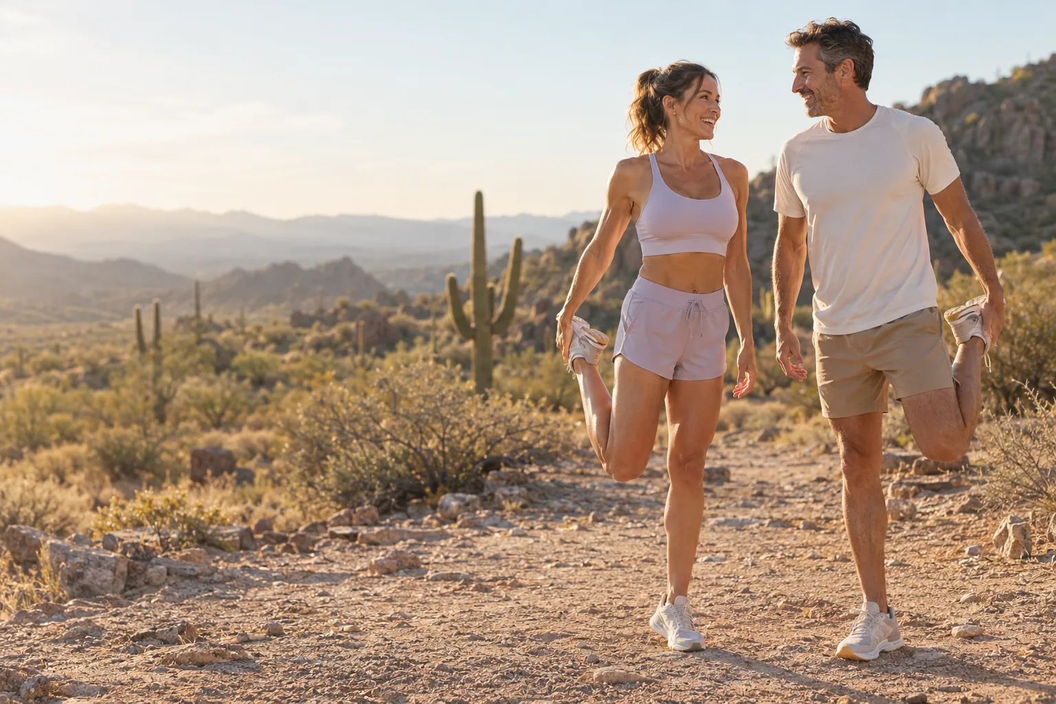 A woman and a man stretching after a run on a sunlit desert trail