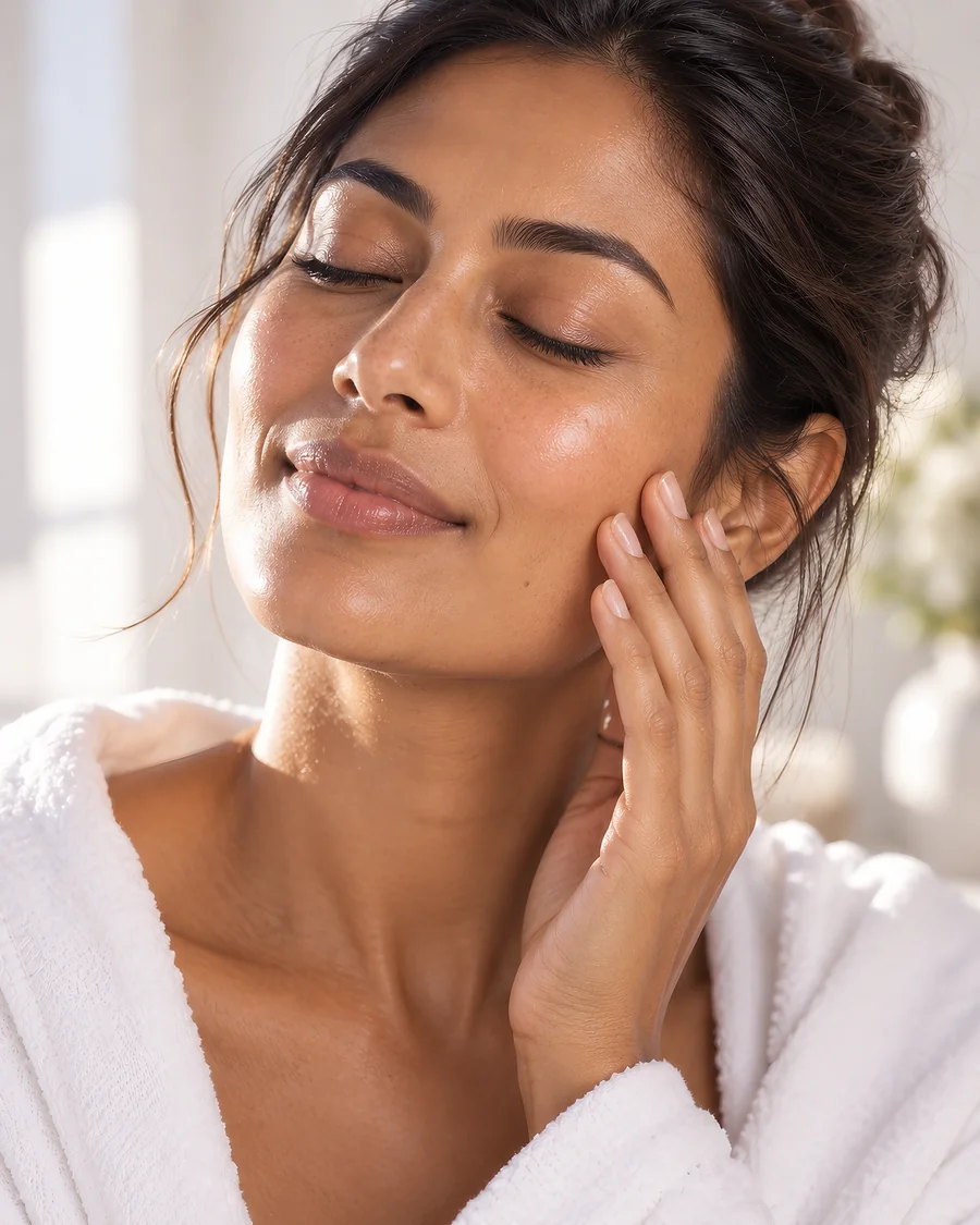 Close portrait of a woman with clear, glowing skin in soft daylight